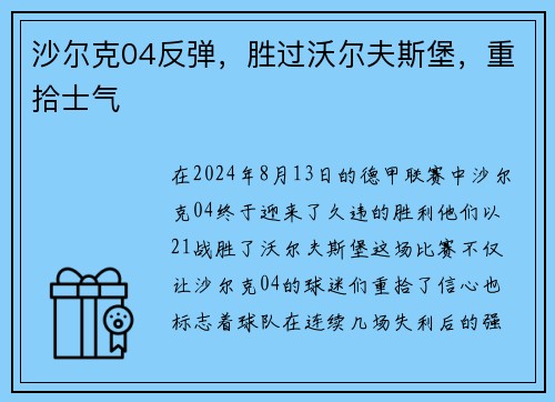 沙尔克04反弹，胜过沃尔夫斯堡，重拾士气